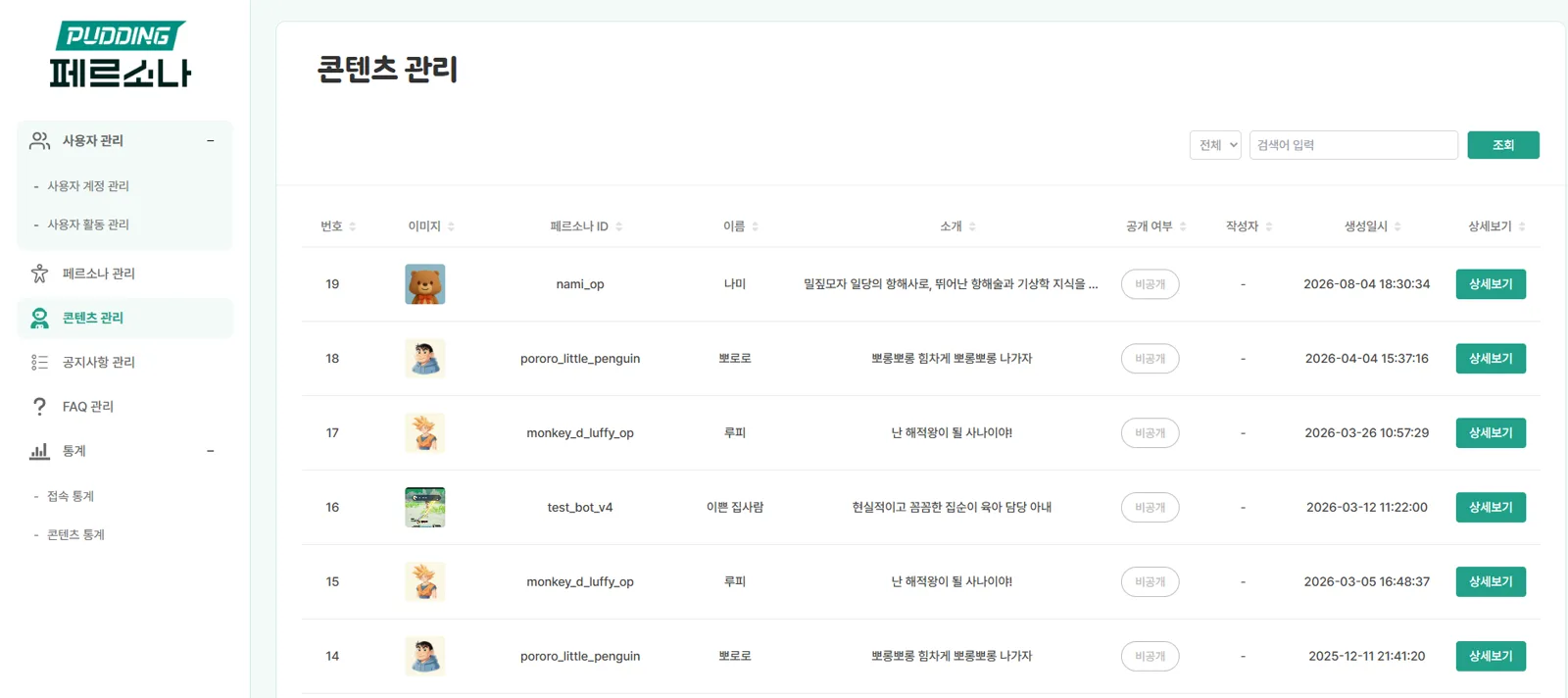 관리자 CMS의 페르소나 콘텐츠 관리 목록